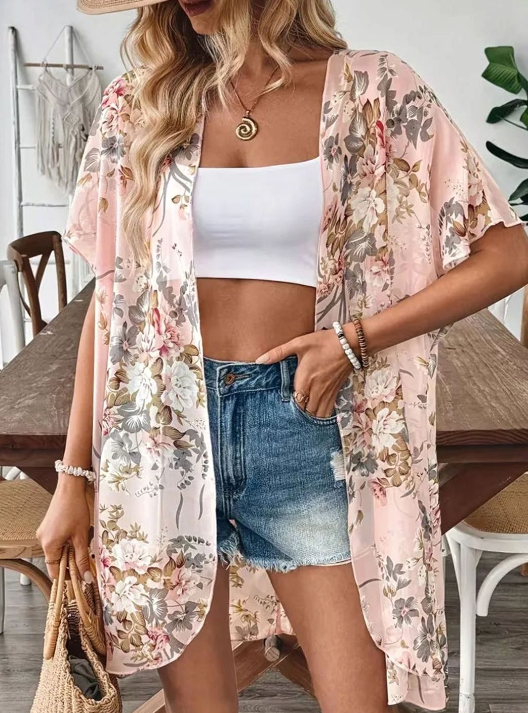 Dames Oversized Chiffon Kimono Cardigan Lange Bloemenprint