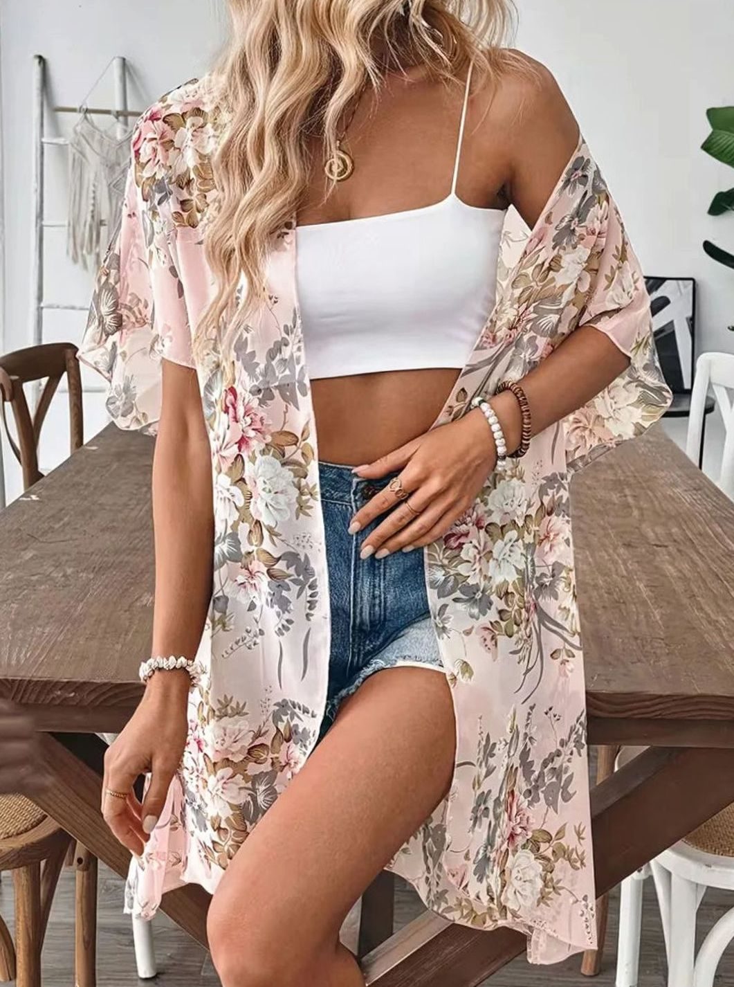 Dames Oversized Chiffon Kimono Cardigan Lange Bloemenprint