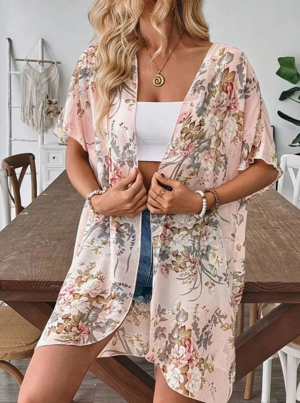 Dames Oversized Chiffon Kimono Cardigan Lange Bloemenprint