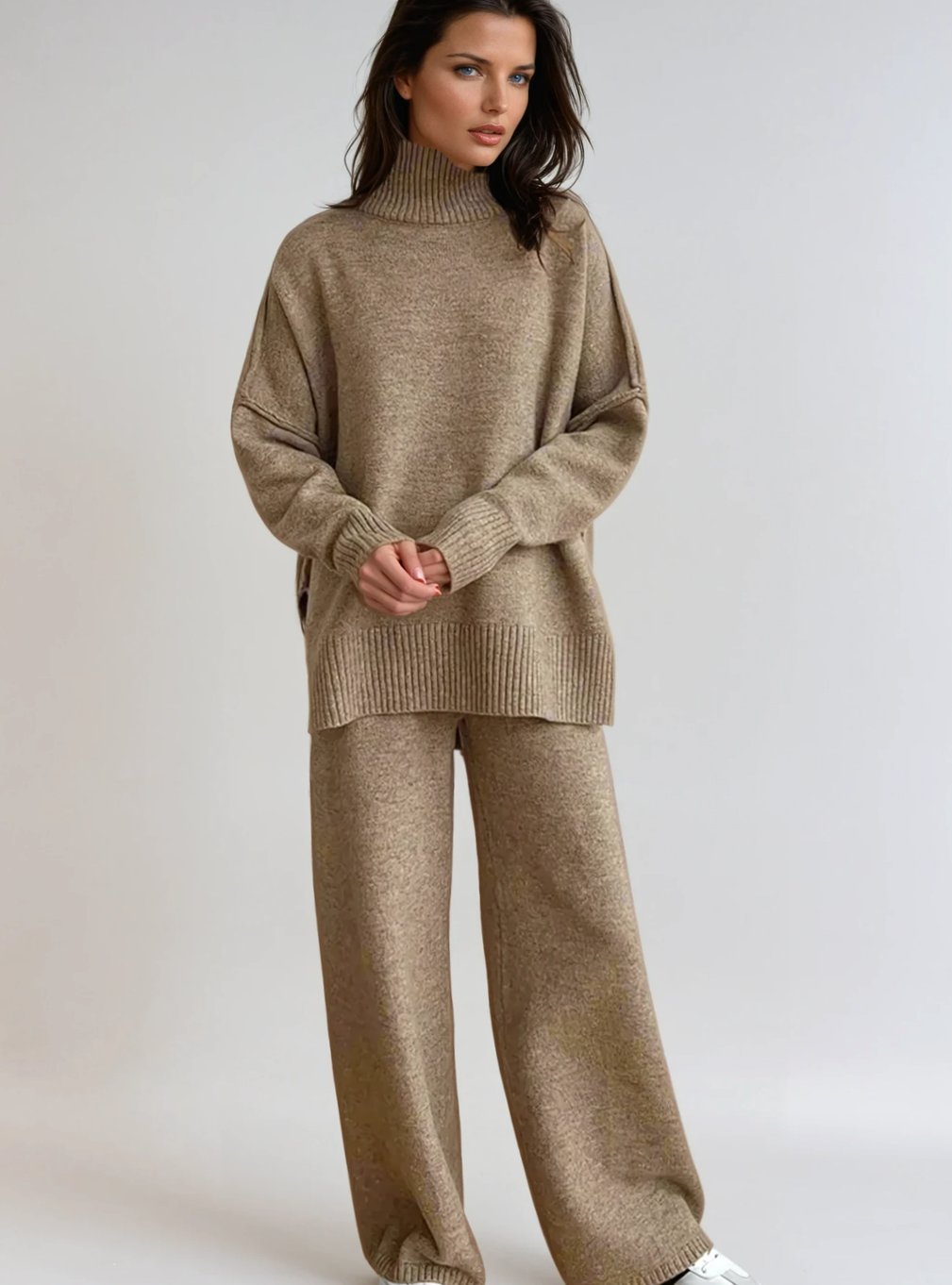Dames Oversized Coltrui Gebreide Lounge Set Wijde Broek - Beige