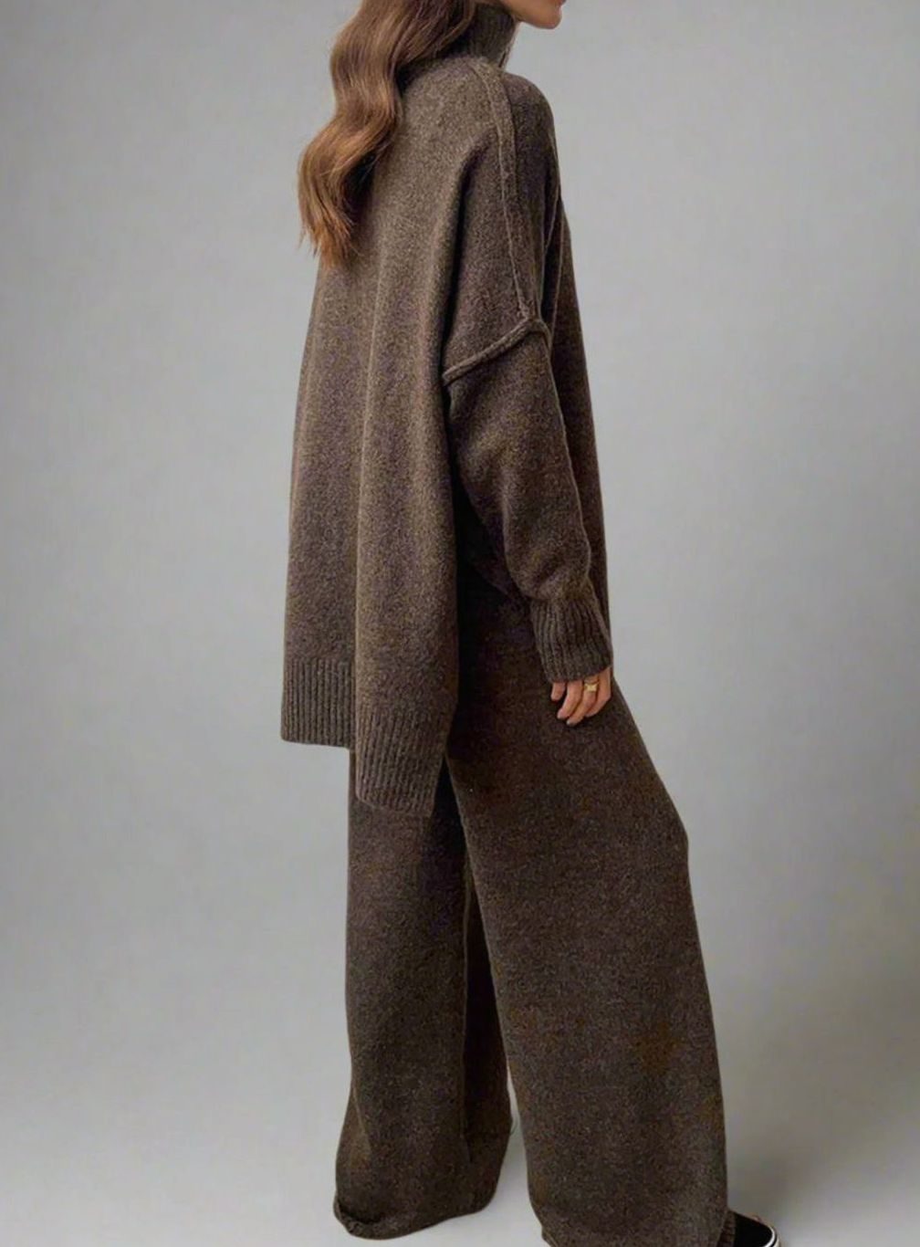 Dames Oversized Coltrui Gebreide Lounge Set Wijde Broek - Bruin