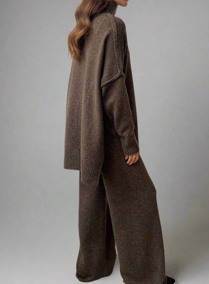 Dames Oversized Coltrui Gebreide Lounge Set Wijde Broek - Bruin