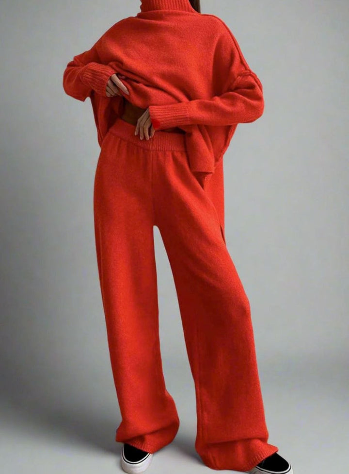 Dames Oversized Coltrui Gebreide Lounge Set Wijde Broek - Rood