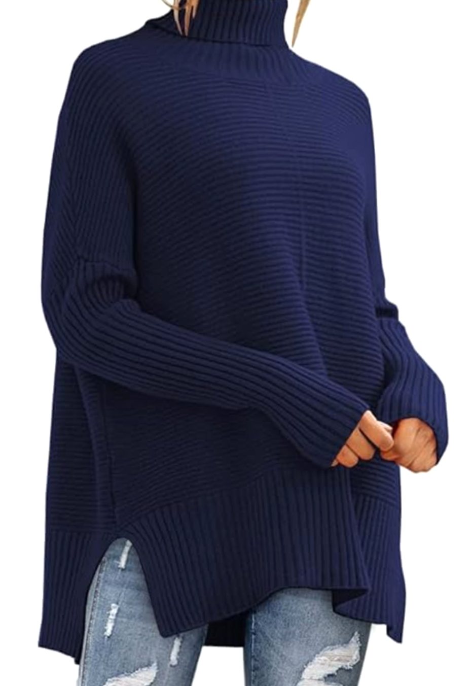 Dames Oversized Coltrui Geribd Gebreid High-Low Zoom - Marineblauw
