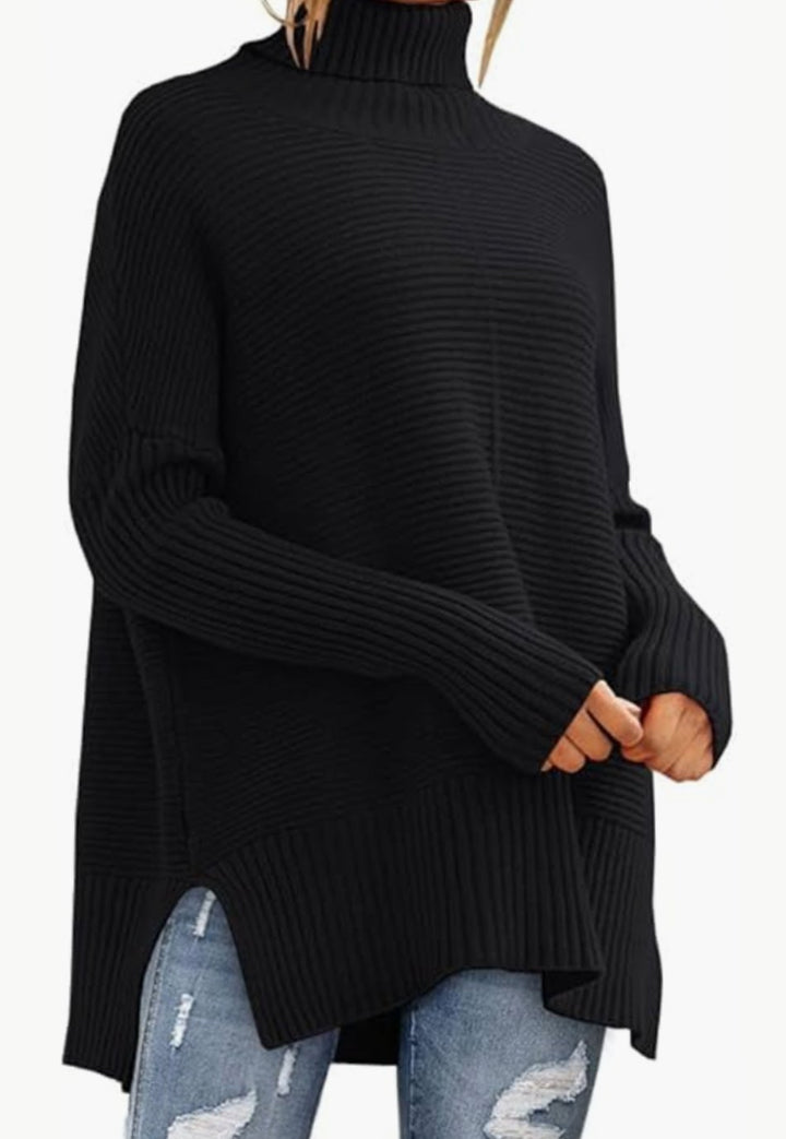 Dames Oversized Coltrui Geribd Gebreid High-Low Zoom - Zwart