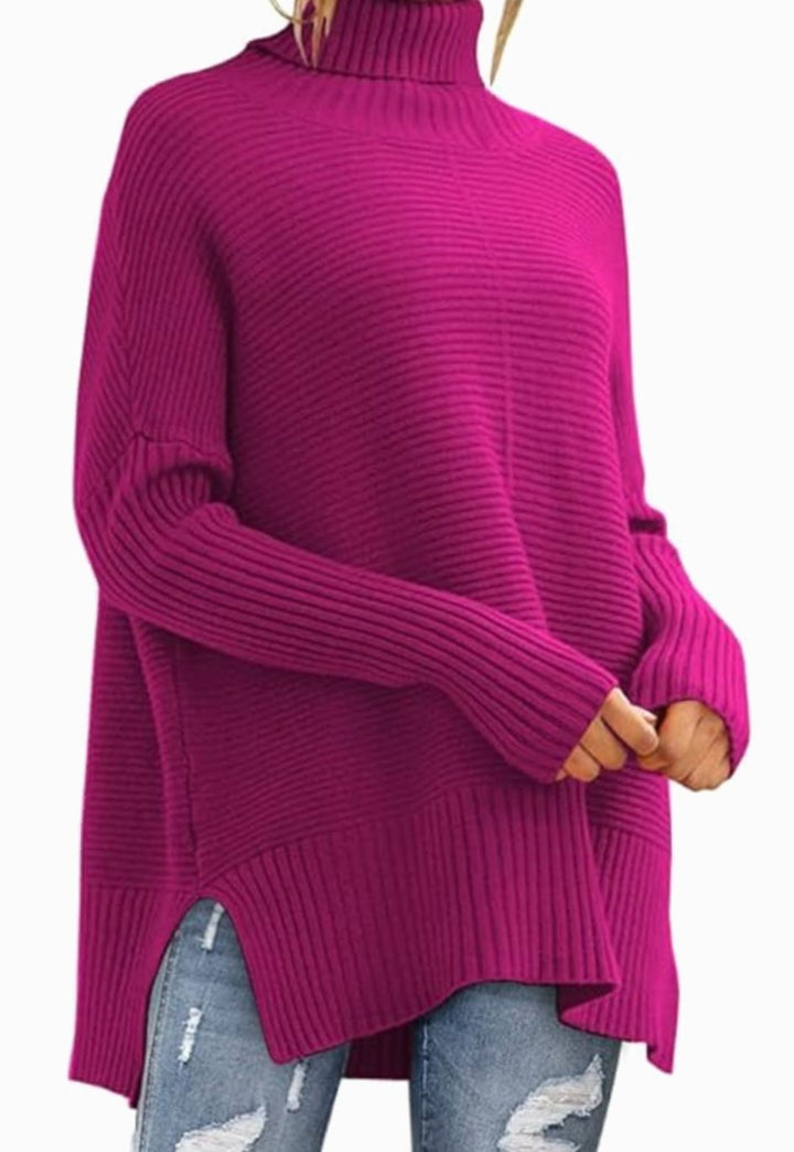 Dames Oversized Coltrui Geribd Gebreid High-Low Zoom - Roze