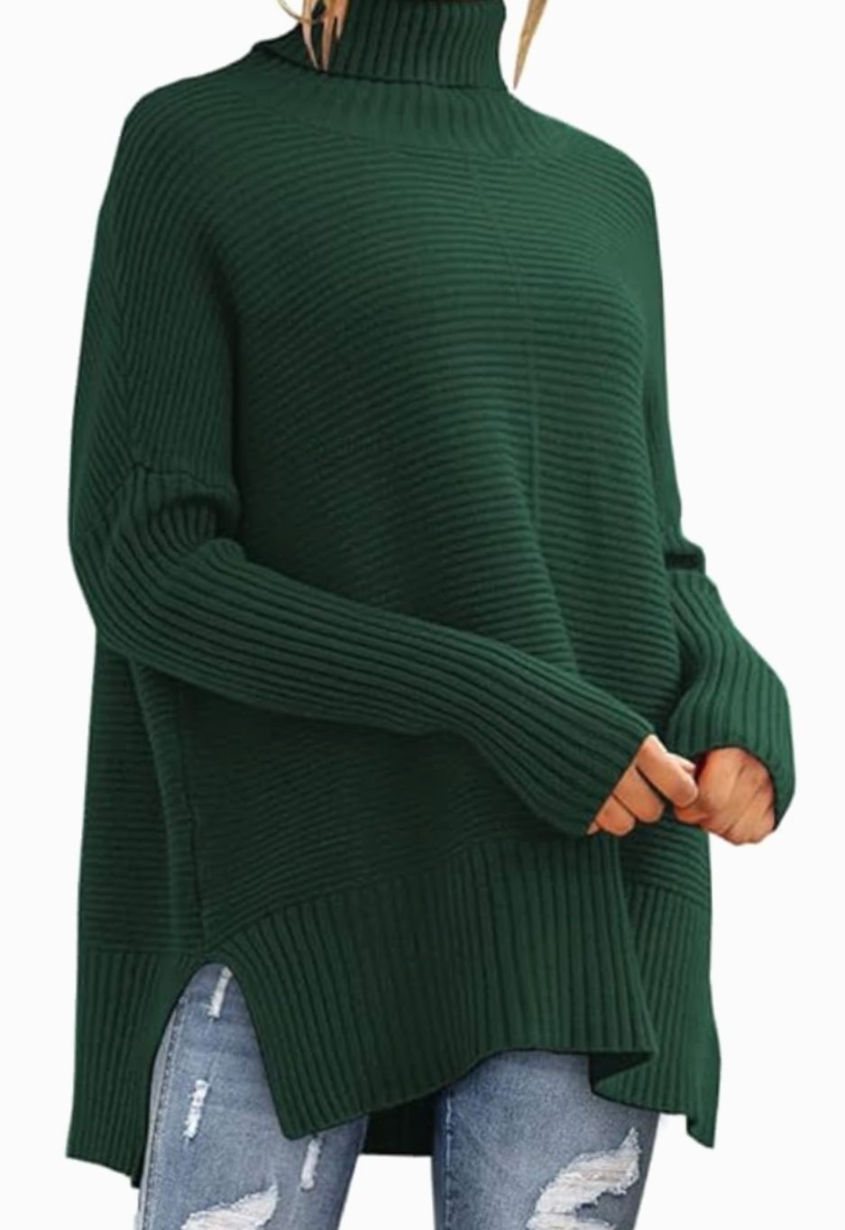 Dames Oversized Coltrui Geribd Gebreid High-Low Zoom - Groen