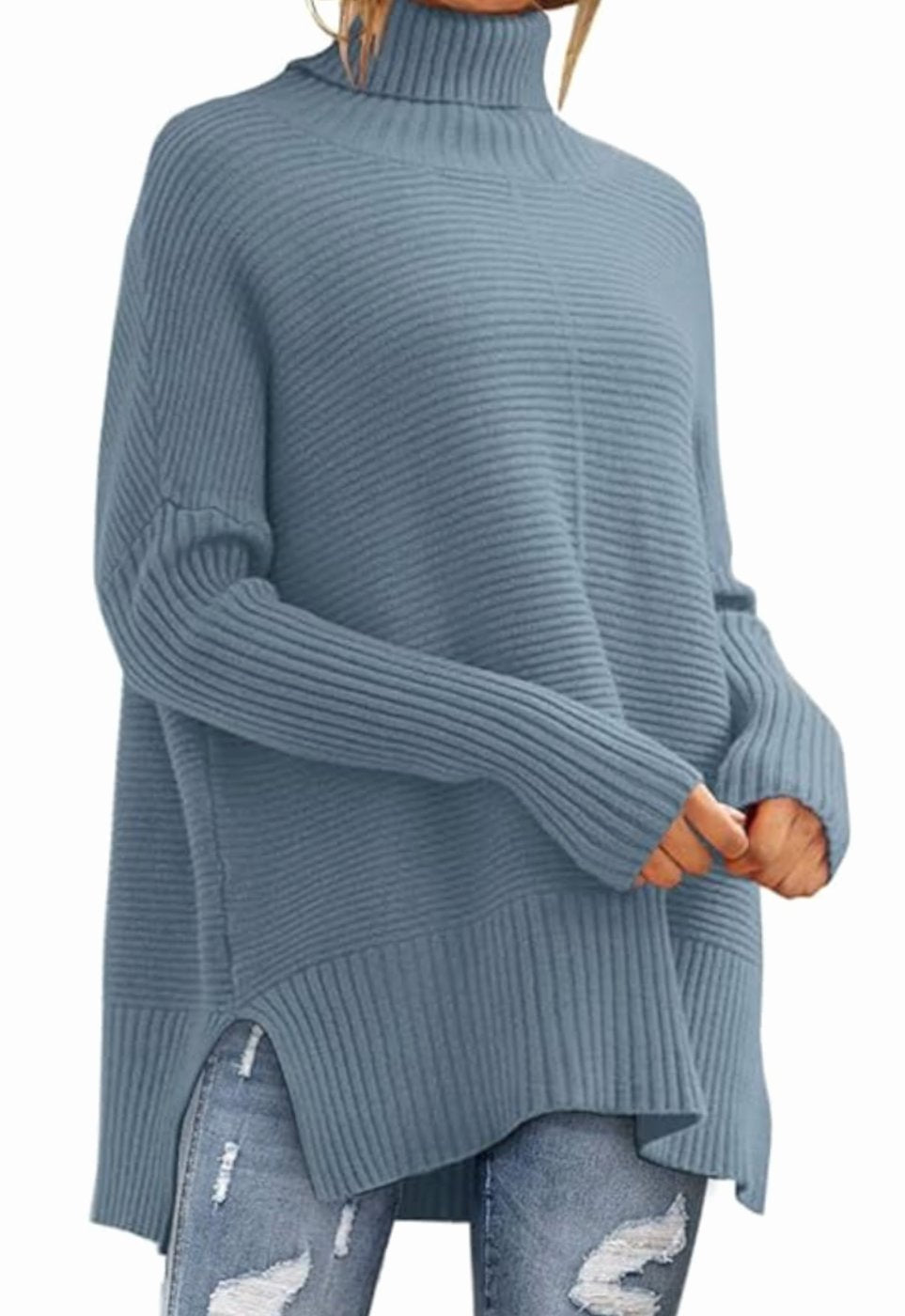 Dames Oversized Coltrui Geribd Gebreid High-Low Zoom - Indigo