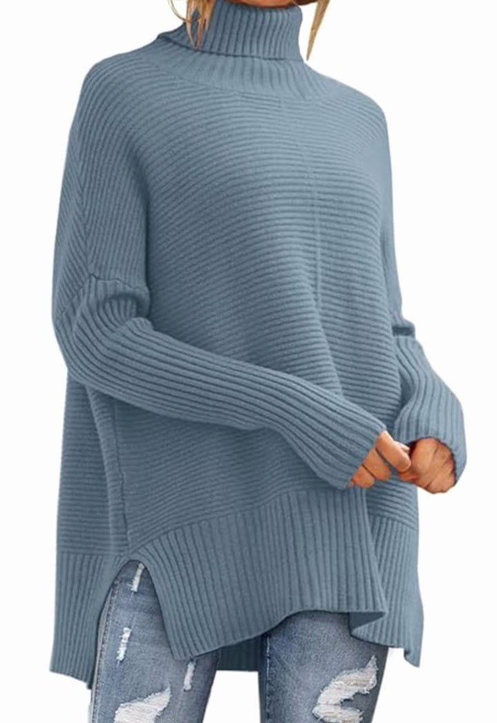 Dames Oversized Coltrui Geribd Gebreid High-Low Zoom - Indigo