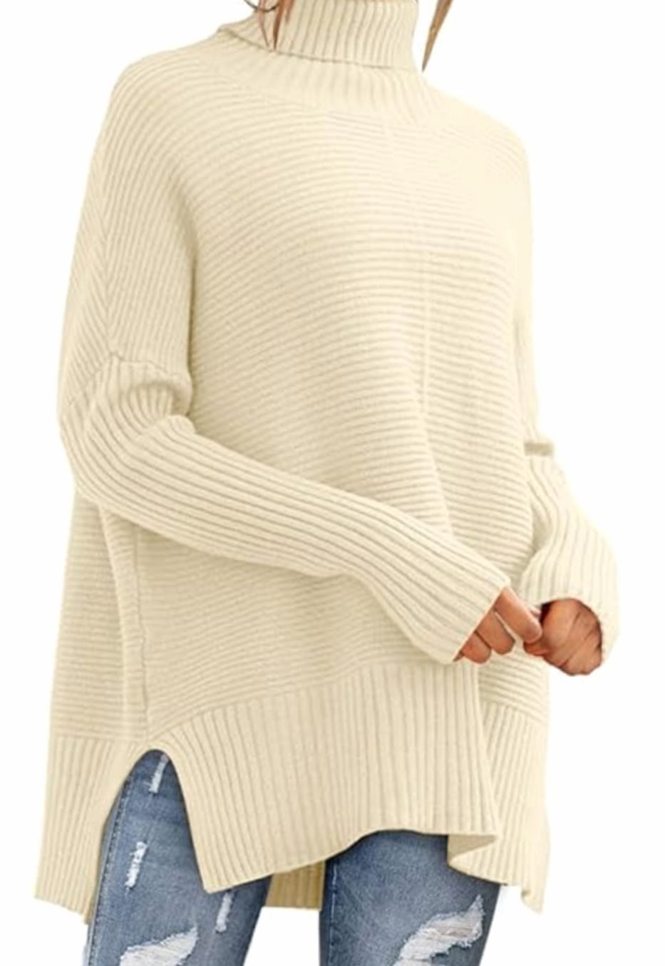 Dames Oversized Coltrui Geribd Gebreid High-Low Zoom - Beige