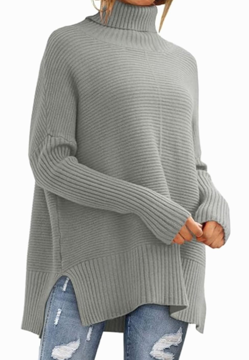 Dames Oversized Coltrui Geribd Gebreid High-Low Zoom - Grijs