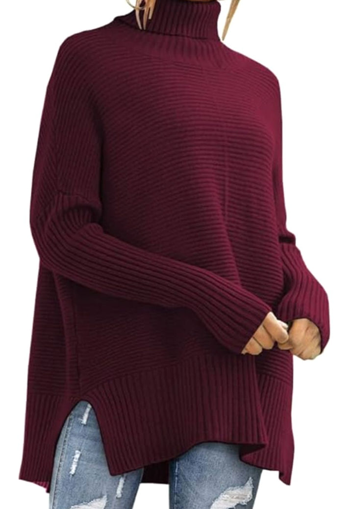 Dames Oversized Coltrui Geribd Gebreid High-Low Zoom - Bordeaux