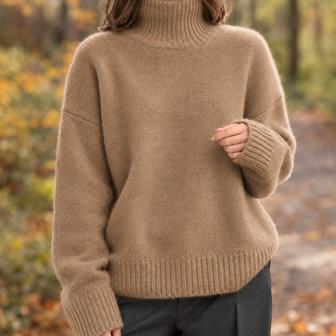 Dames Oversized Coltrui met Ribgebreide Manchetten - Bruin