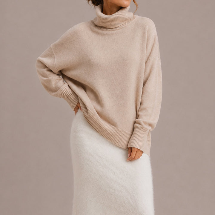 Dames Oversized Coltrui Relaxed Fit Gebreide Trui - Beige