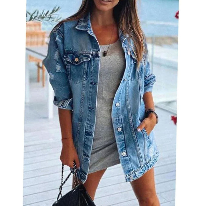 Dames Oversized Denim Jas met Knoopsluiting en Borstzakken - Blauw