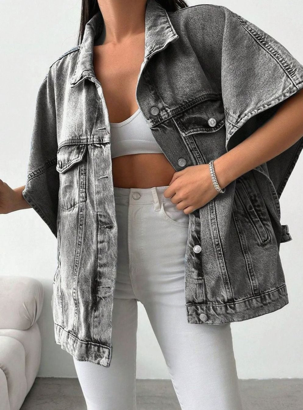 Dames Oversized Denim Jasje Korte Mouwen Knoopsluiting - Grijs