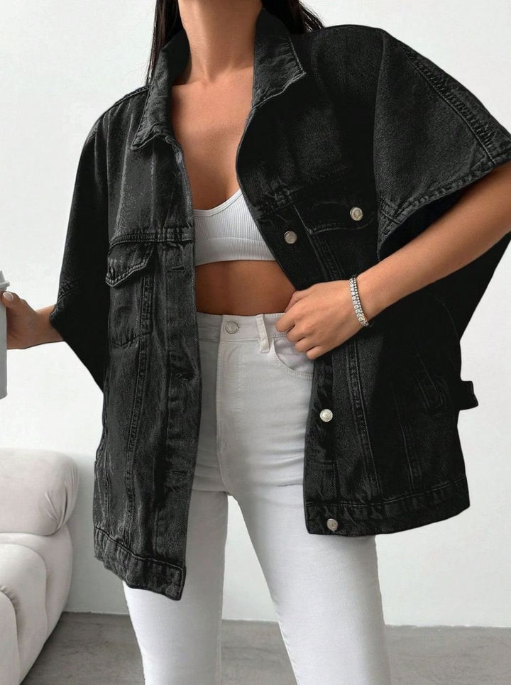 Dames Oversized Denim Jasje Korte Mouwen Knoopsluiting - Zwart