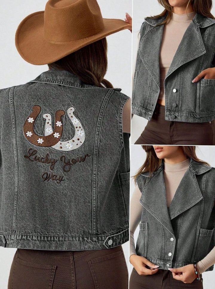 Dames Oversized Denim Jasje Korte Mouwen Knoopsluiting - Donkergrijs