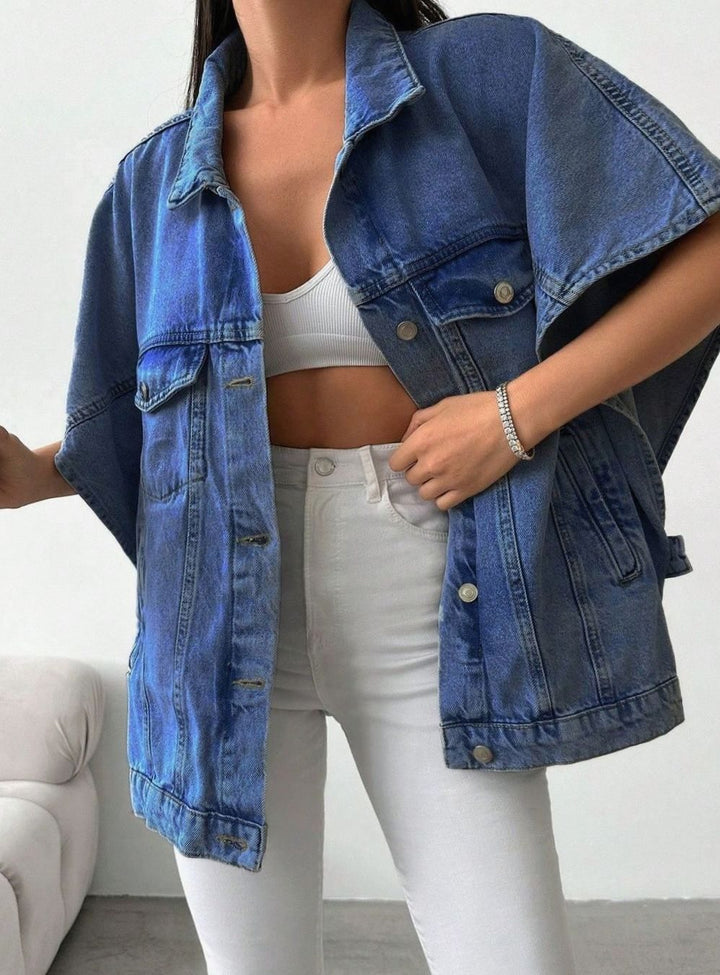 Dames Oversized Denim Jasje Korte Mouwen Knoopsluiting - Blauw