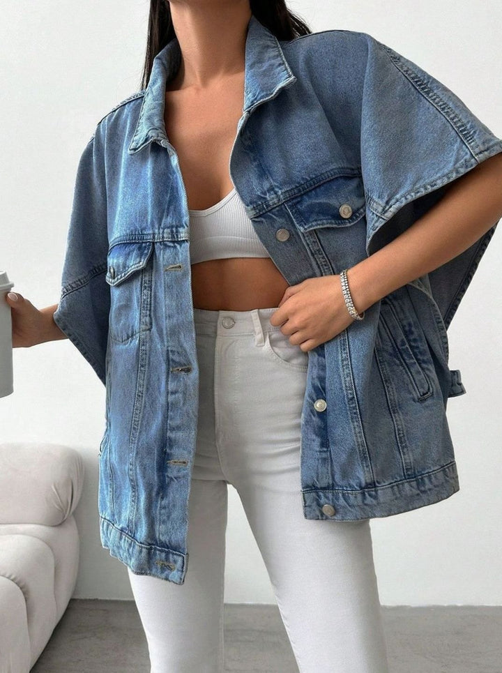 Dames Oversized Denim Jasje Korte Mouwen Knoopsluiting - Lichtblauw