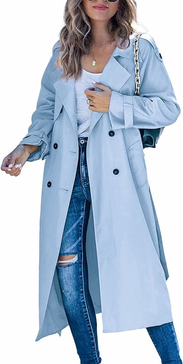 Dames Oversized Dubbelrijige Trench Coat Geribde Tailleband - Hemelsblauw