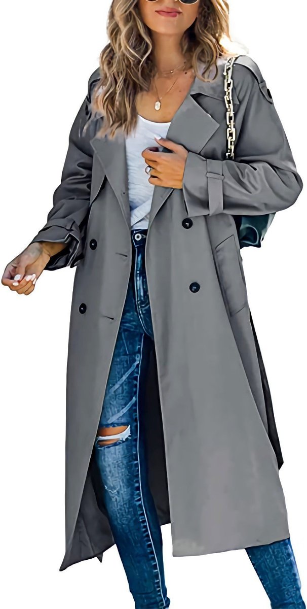 Dames Oversized Dubbelrijige Trench Coat Geribde Tailleband - Grijs