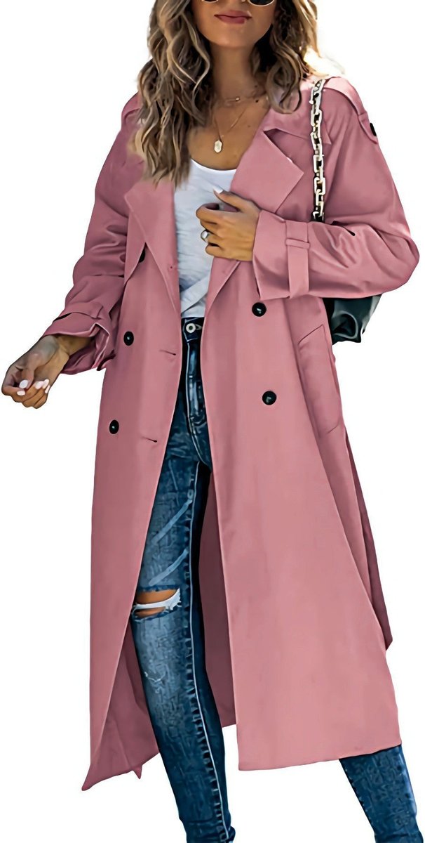 Dames Oversized Dubbelrijige Trench Coat Geribde Tailleband - Roze
