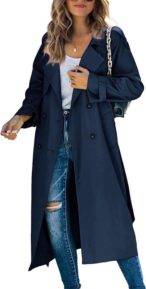 Dames Oversized Dubbelrijige Trench Coat Geribde Tailleband - Marineblauw