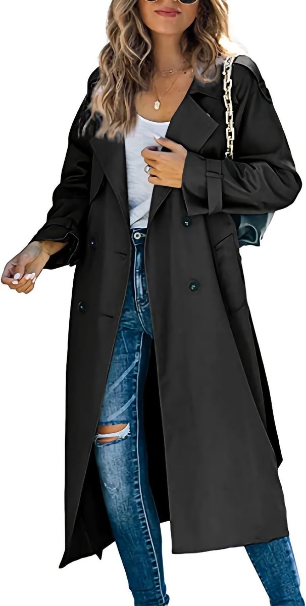 Dames Oversized Dubbelrijige Trench Coat Geribde Tailleband - Zwart
