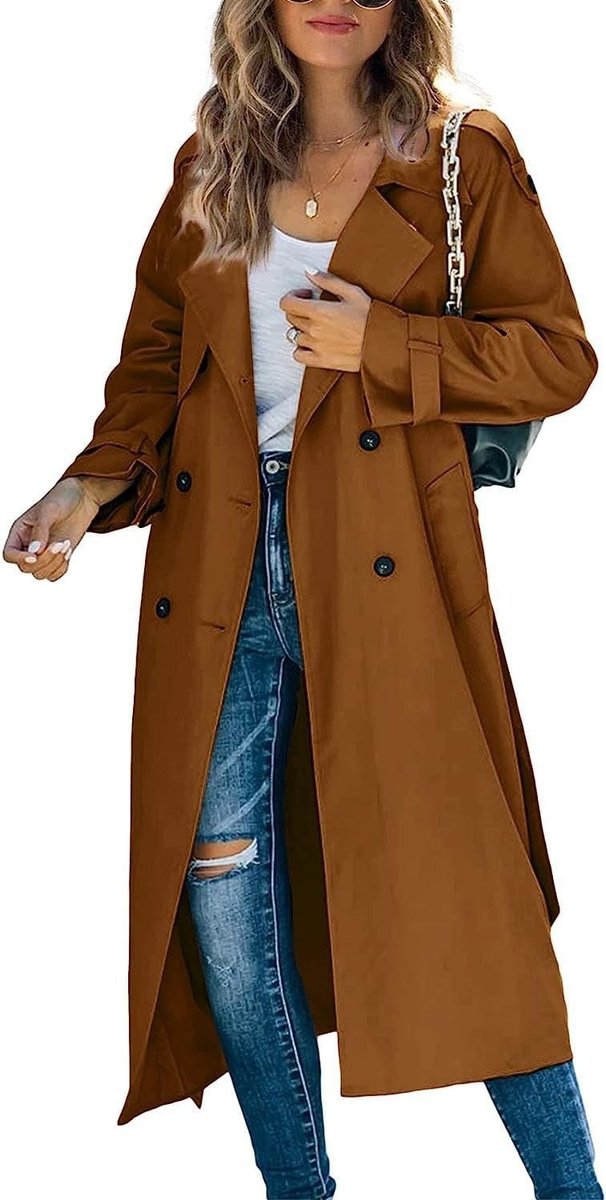 Dames Oversized Dubbelrijige Trench Coat Geribde Tailleband - Bruin