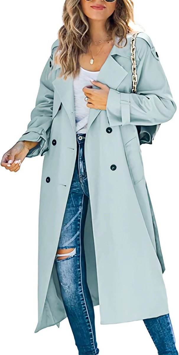 Dames Oversized Dubbelrijige Trench Coat Geribde Tailleband - Lichtgroen