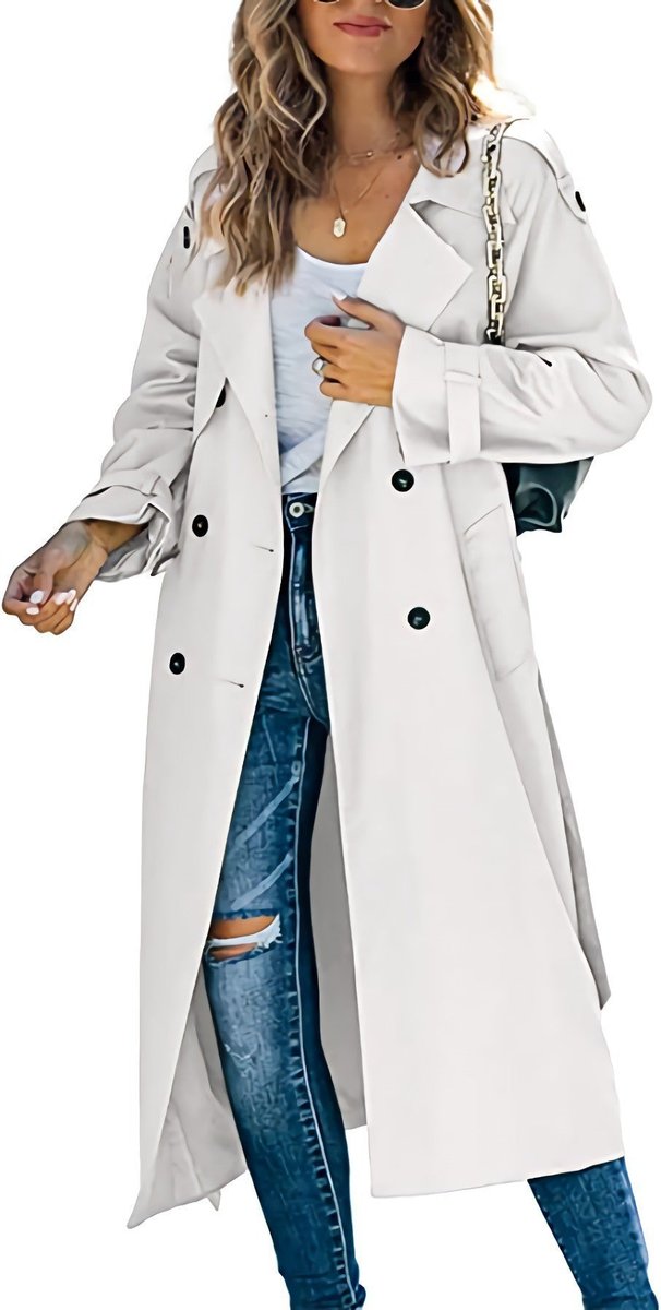 Dames Oversized Dubbelrijige Trench Coat Geribde Tailleband - Wit