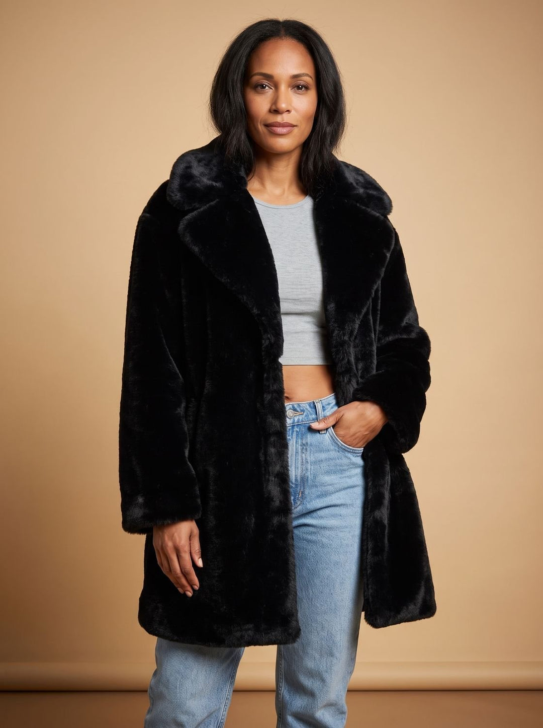 Dames Oversized Faux Fur Bontjas met Grote Kraag - Zwart