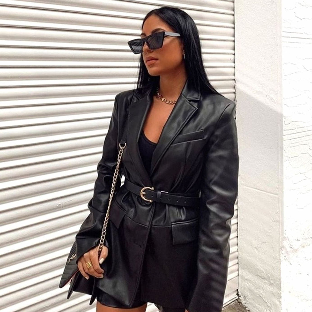 Dames Oversized Faux Leather Blazer Reverskraag Gestructureerd