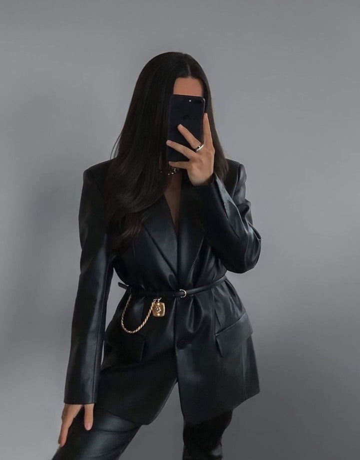Dames Oversized Faux Leather Blazer Reverskraag Gestructureerd - Zwart