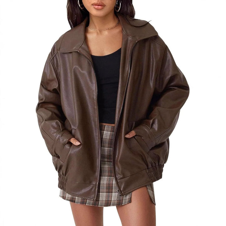 Dames Oversized Faux Leather Jacket Ritssluiting Bomberjas