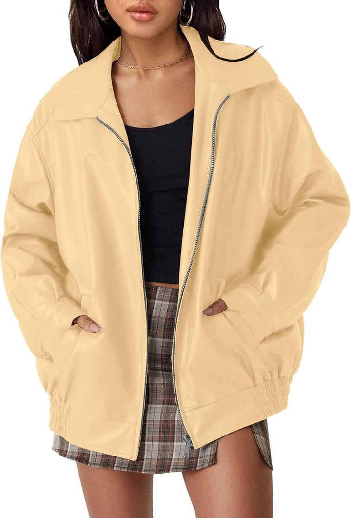 Dames Oversized Faux Leather Jacket Ritssluiting Bomberjas - Abrikoos