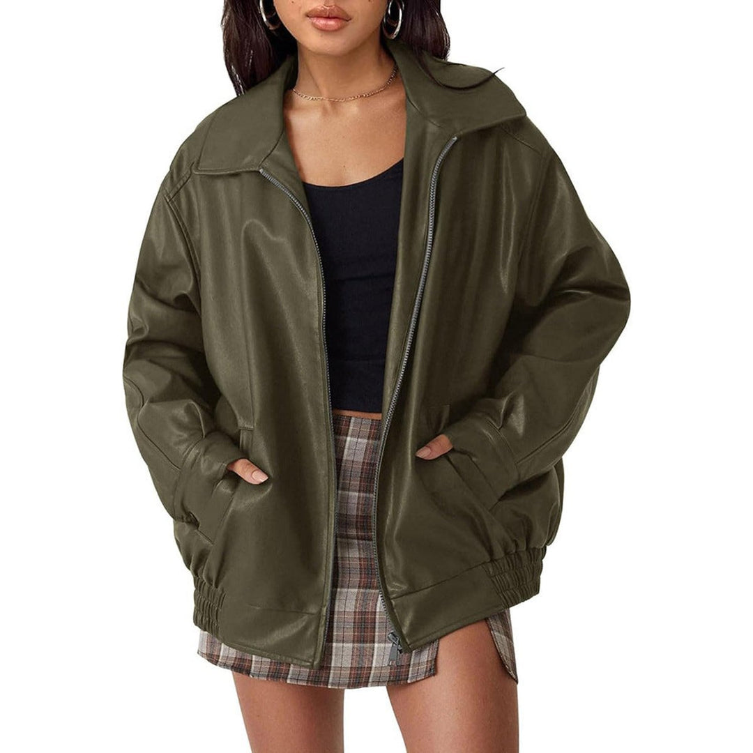 Dames Oversized Faux Leather Jacket Ritssluiting Bomberjas