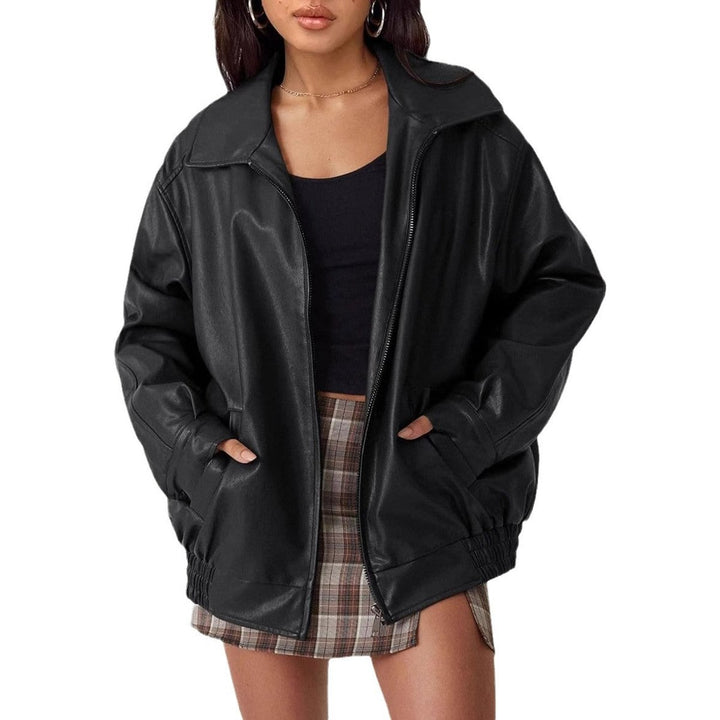 Dames Oversized Faux Leather Jacket Ritssluiting Bomberjas