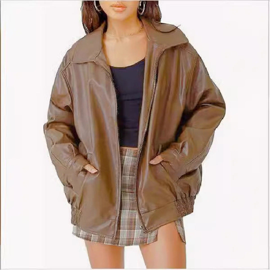 Dames Oversized Faux Leather Jacket Ritssluiting Bomberjas - Camel