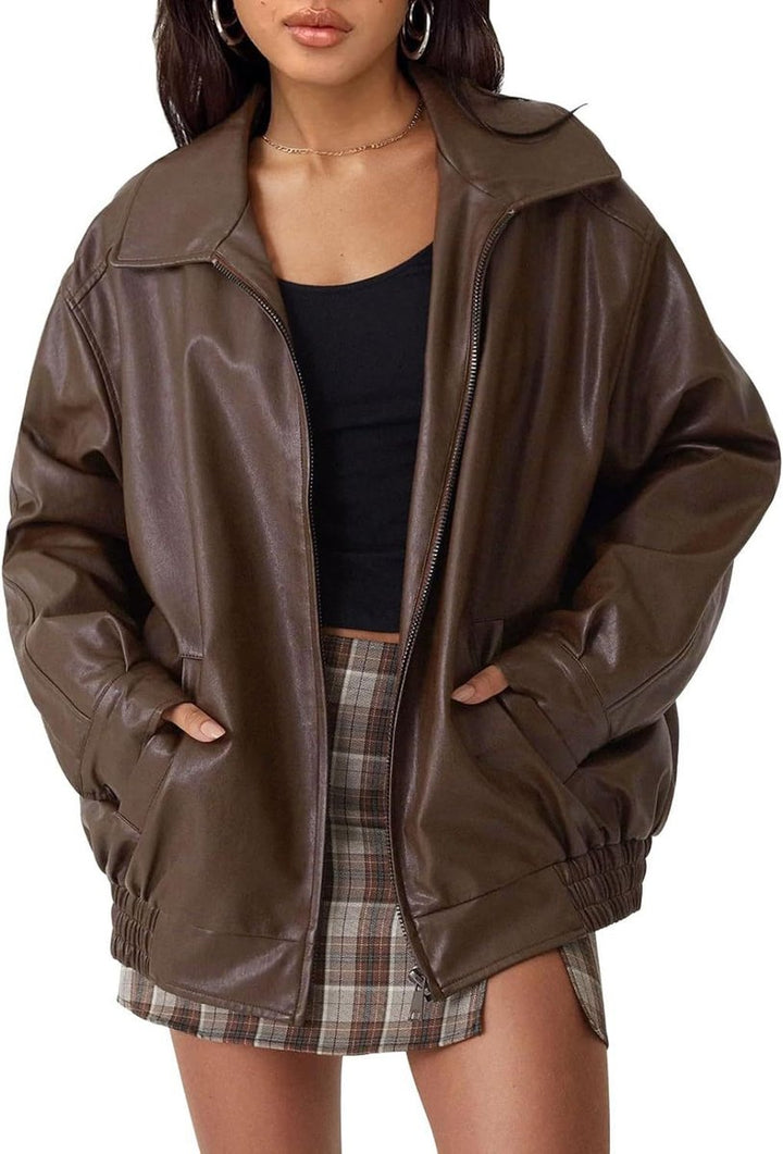 Dames Oversized Faux Leather Jacket Ritssluiting Bomberjas - Donkerbruin