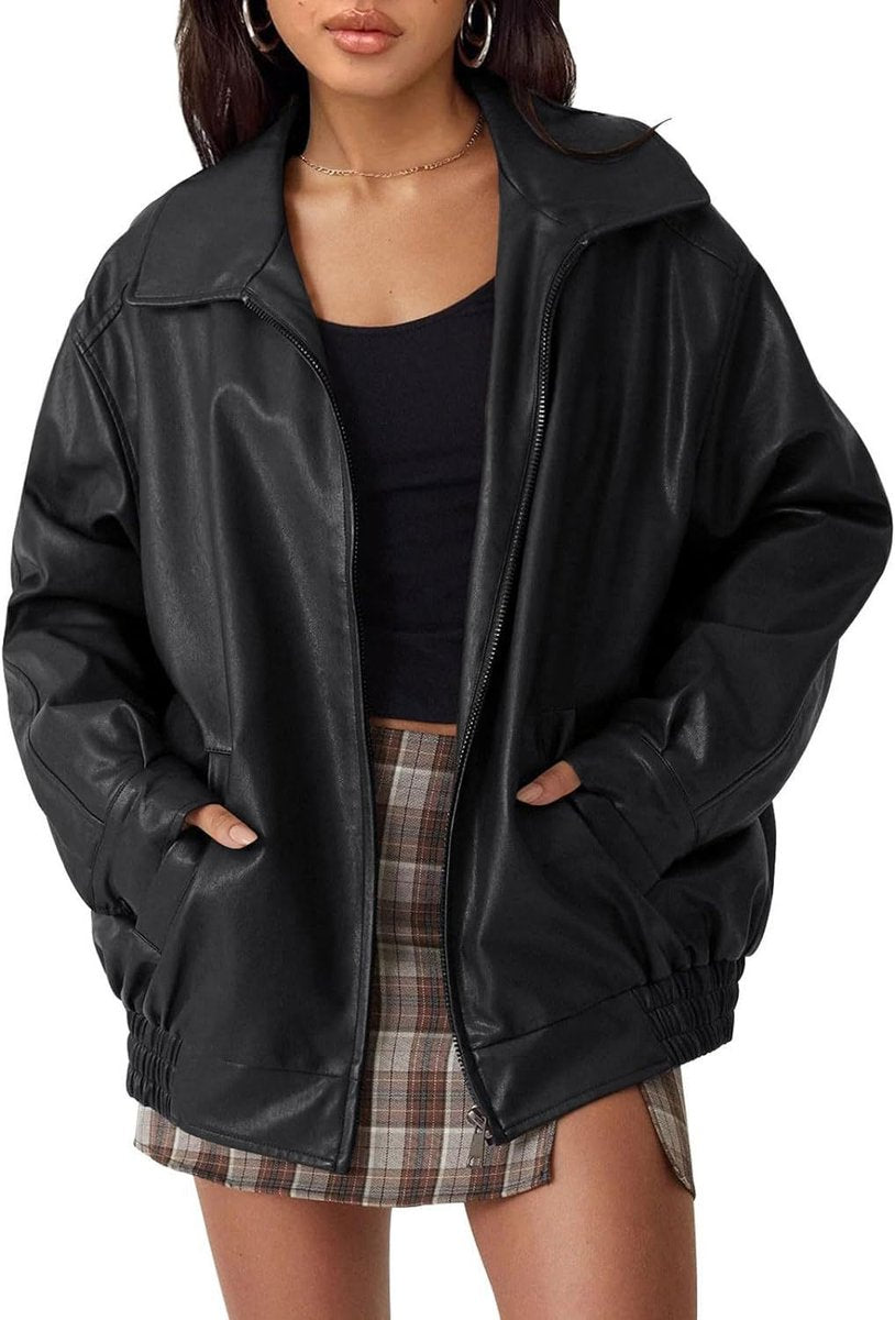 Dames Oversized Faux Leather Jacket Ritssluiting Bomberjas - Zwart