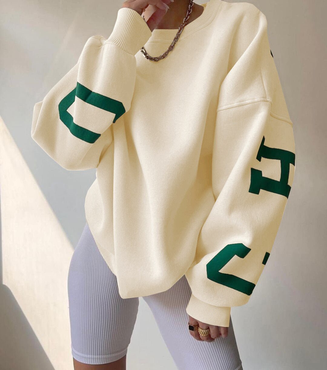 Dames Oversized Fleece Crewneck Sweater Varsity Mouwen - Cream