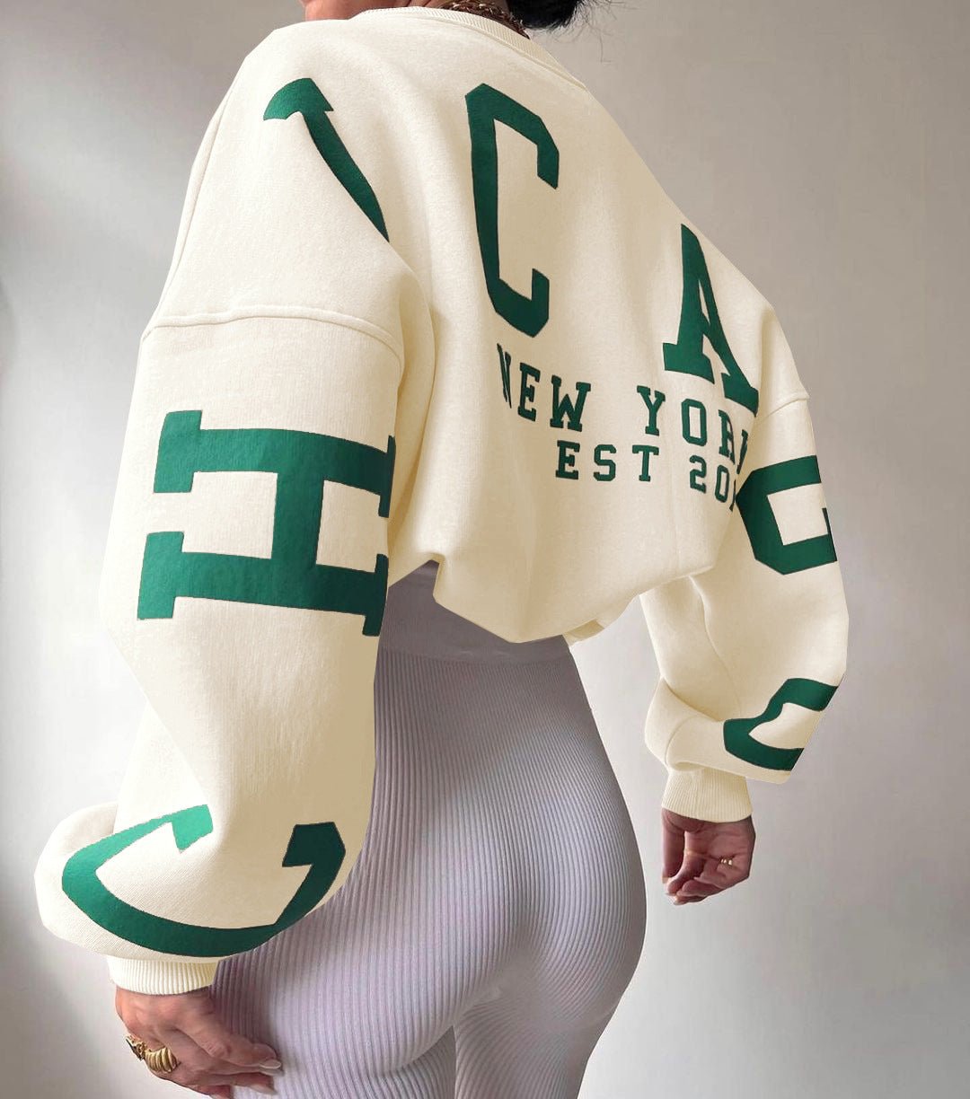 Dames Oversized Fleece Crewneck Sweater Varsity Mouwen