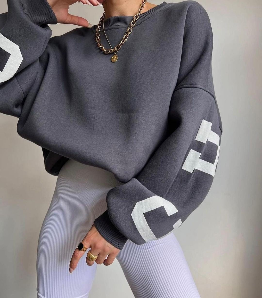 Dames Oversized Fleece Crewneck Sweater Varsity Mouwen - Grey