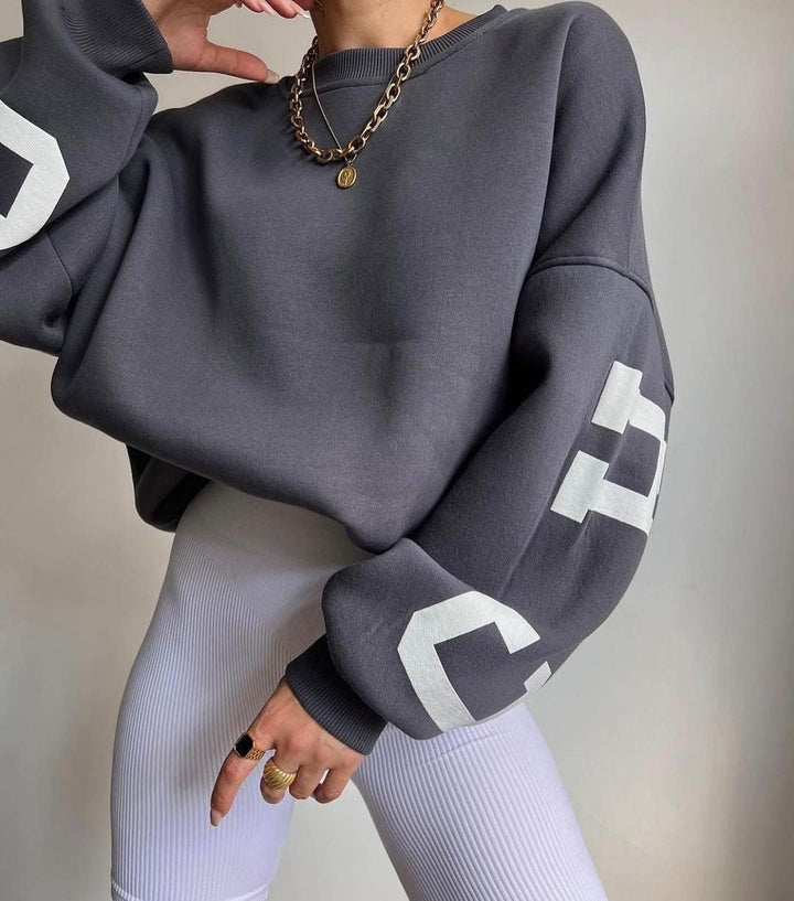Dames Oversized Fleece Crewneck Sweater Varsity Mouwen - Grey
