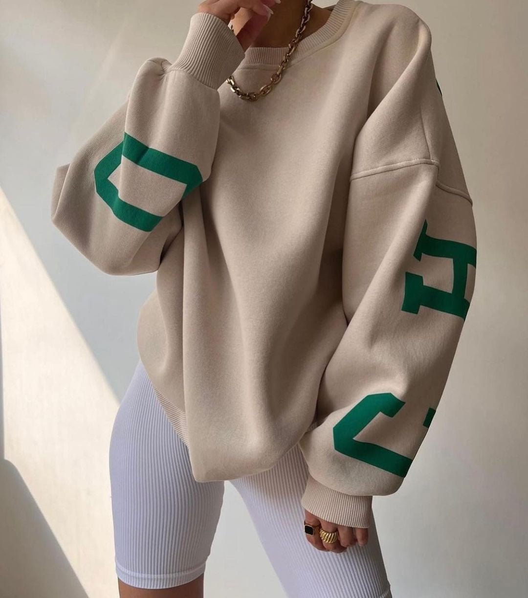 Dames Oversized Fleece Crewneck Sweater Varsity Mouwen - Khaki