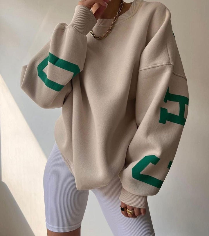 Dames Oversized Fleece Crewneck Sweater Varsity Mouwen - Khaki