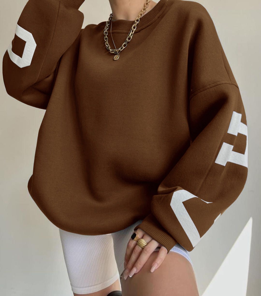 Dames Oversized Fleece Crewneck Sweater Varsity Mouwen - Brown