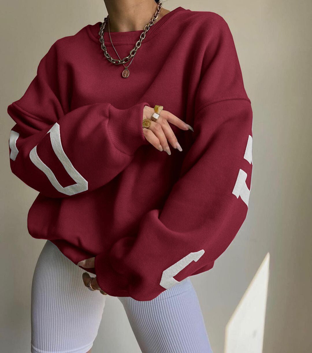 Dames Oversized Fleece Crewneck Sweater Varsity Mouwen - Burgundy